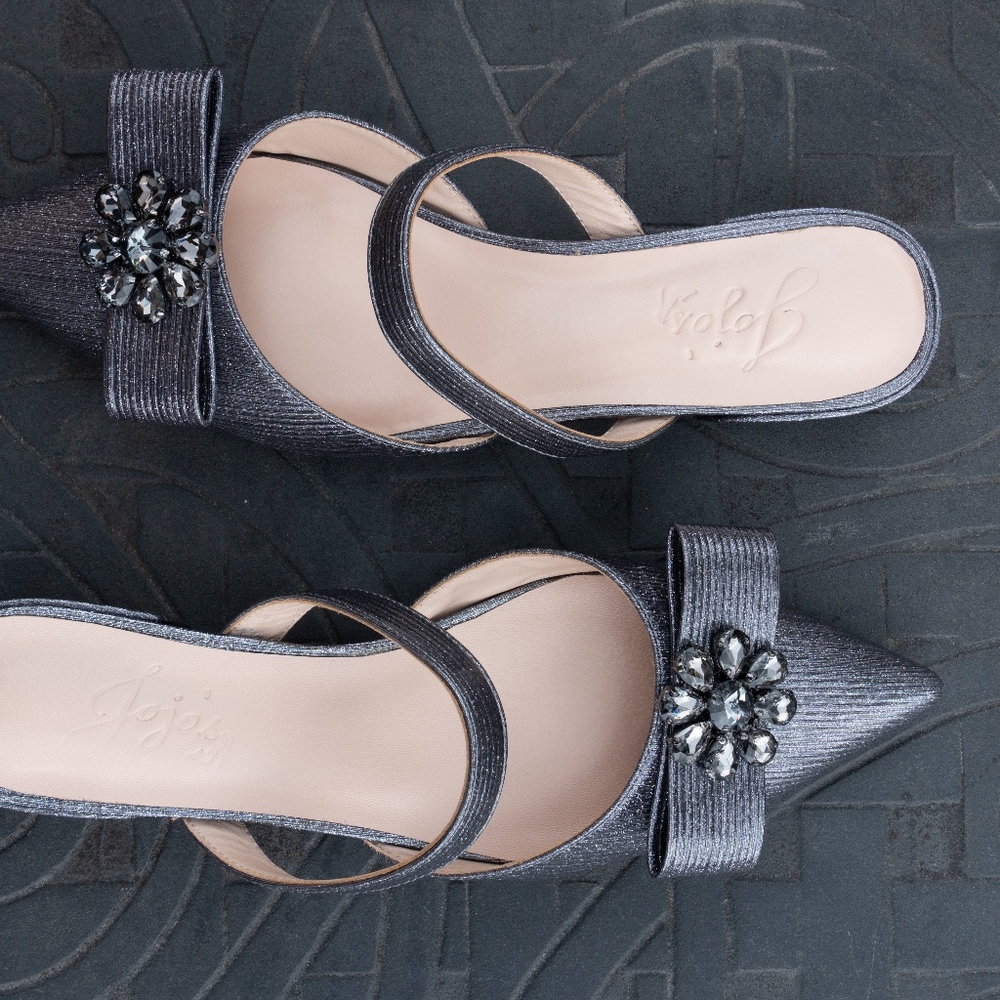 pewter flat mules with accessory